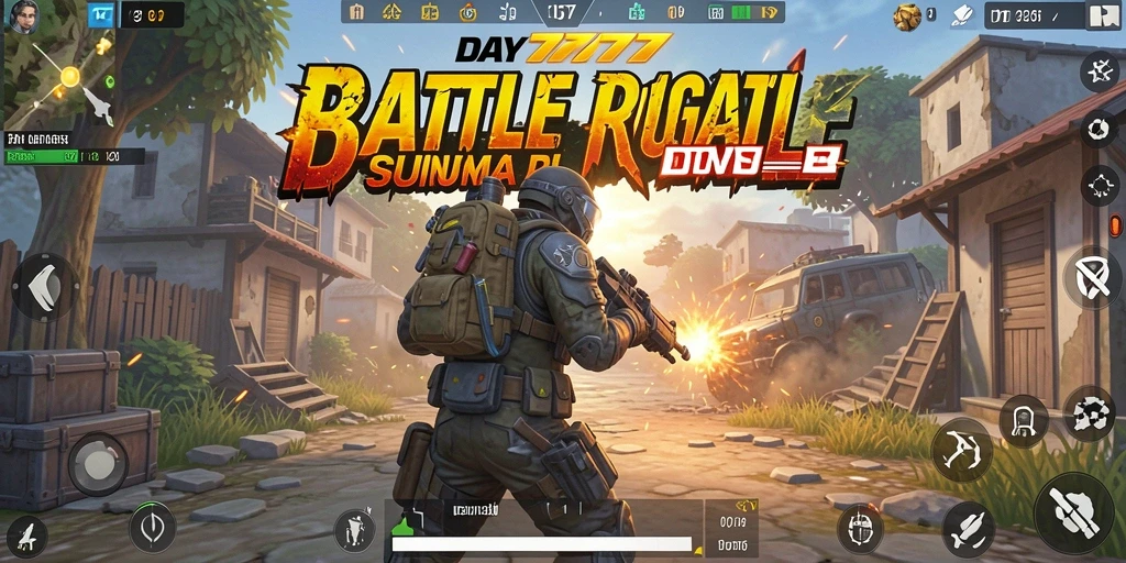 Gameplay DAY777 menampilkan aksi seru di medan perang Battle Royale.