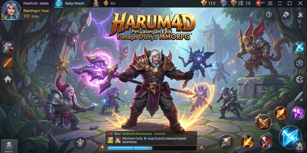 Screenshot gameplay HARUM4D menampilkan pertempuran epik di dunia fantasi yang megah.