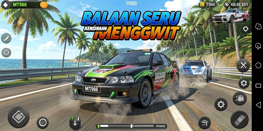 Screenshot menunjukkan aksi balapan menegangkan di MT966.