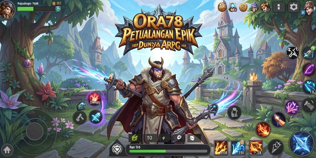 Screenshot gameplay ORA78 yang menampilkan pertarungan epik dan pemandangan indah.