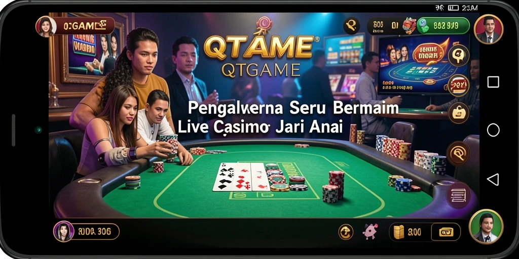 Screenshot QTGAME menampilkan gameplay menarik Live Casino dengan dealer langsung.